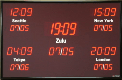 BRG Model 612A Digital Time Zone Display, features 5 zones with time and date. The center zone has 4.0 inch time and 2.5 inch date. The other 4 zones feature 2.5 inch time and 1.8 inch date LEDs BRG Model 612A Digital Time Zone Display, features 5 zones with time and date. The center zone has 4.0 inch time and 2.5 inch date. The other 4 zones feature 2.5 inch time and 1.8 inch date LEDs. UTC Clock, Multi Location Clock, Zulu Clock, Multi-location Clock
